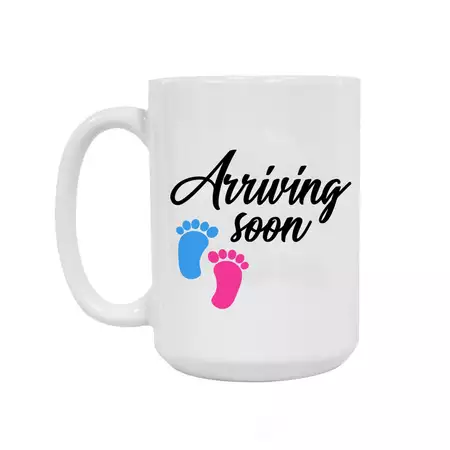 Arriving Soon Pink and Blue Feet Ceramic Mug 15oz buy at ThingsEngraved Canada